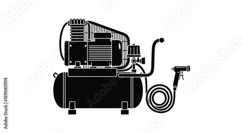 A detailed illustration of an air compressor and spray gun rendered as a striking black silhouette high quality professional modern elegant