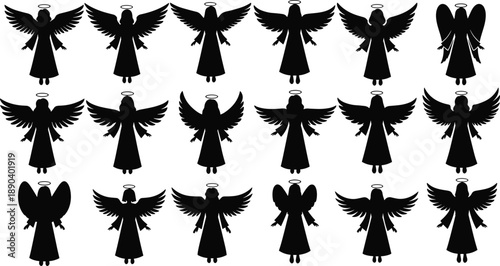 Angel silhouette collection with wings and halos, black vector guardian angel figures set for religious, spiritual, and decorative design