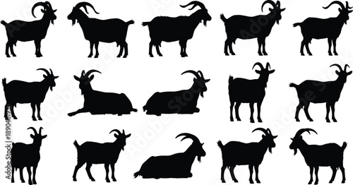 Black goat silhouette set showing multiple poses, farm animal vector collection for agriculture, livestock branding, logos, and design use