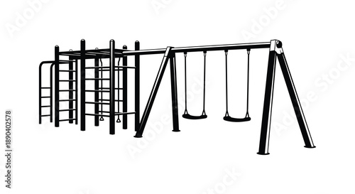 A black and white depiction of a playground structure with swings and a climbing frame presented as a silhouette high quality
