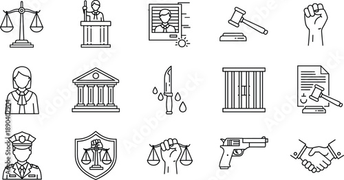 Law and justice icons set, crime, courtroom, police, gavel, scales, protest, legal document, vector illustration, black line