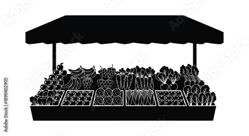 A detailed black silhouette of a market stall overflowing with various fruits and vegetables presented as a graphic silhouette high quality