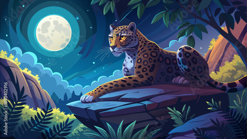 Leopard resting on a rock under moonlight