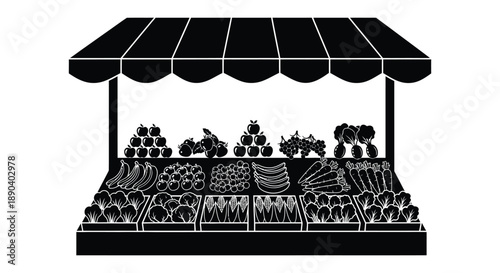 A black and white image depicts a market stall overflowing with produce presented in a striking silhouette high quality professional detailed