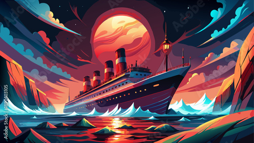 Ocean liner sailing under a bright moon