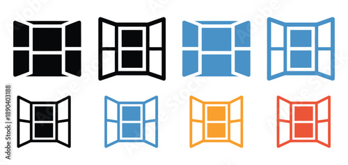 Open window icon set, vector in outline and flat styles, open window line icon for rank titles, design, home and office graphics, app and web interface, digital icons, professional 