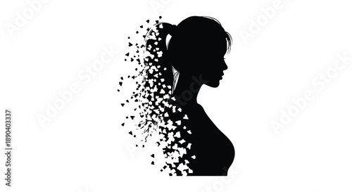 A striking portrait of a woman s profile appearing to disintegrate into particles presented as a silhouette high quality professional detailed modern