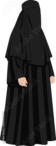 Silhouette of woman in niqab, modest fashion, cultural attire, Islamic dress, full-body garment, vector illustration, black clothing