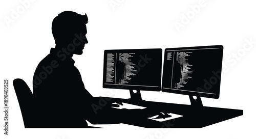 A dark silhouette of a man working at a computer with dual monitors focused on coding and data analysis silhouette
