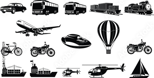 Transportation icons vector set with vehicles machinery and travel symbols