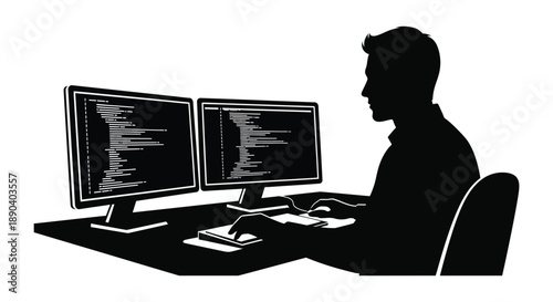A man is depicted in profile working at a desk with dual monitors displaying data a striking silhouette high quality professional
