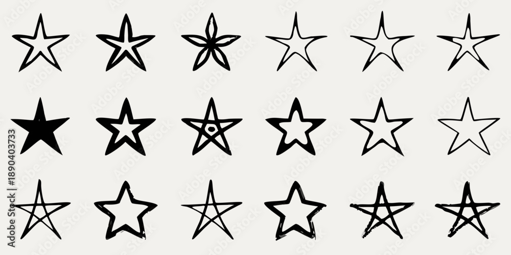 Fototapeta premium Collection of hand drawn black stars in varying styles and designs