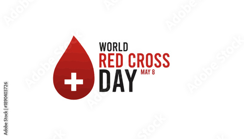 A logo for World Red Cross Day on May 8th with a red blood drop