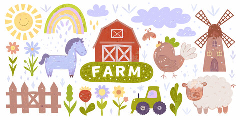 Fototapete Bauernhof Bunte Bauernhof Illustration mit Tieren  © ShibuProsad