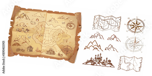 Antique treasure map and related navigational elements on a white background