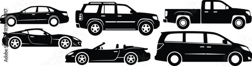 Vehicle silhouettes, car types, sedan icon, SUV shape, pickup truck, sports car, convertible, minivan, automotive design, black vector