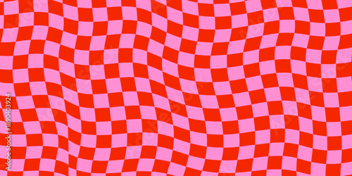 Wavy checkered pattern of bright pink and red squares creates an optical illusion