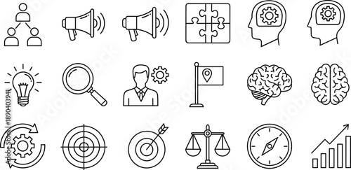 Business strategy and cognitive process icons set, innovation and leadership concept, cad drawing flat vector illustration, black and white
