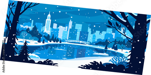 Winter scene depicting a snowy new york city skyline and central park