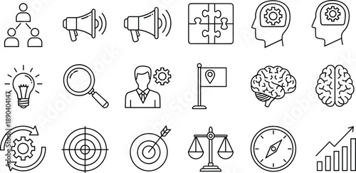 Business strategy and cognitive process icons set, innovation and workflow concept, cad drawing flat vector illustration, black and white