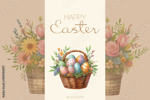 Decorative floral border with “Happy Easter” handwritten lettering.
