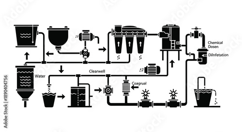 A detailed illustration depicts a water purification process with various connected components in black silhouette high quality professional modern elegant stylish