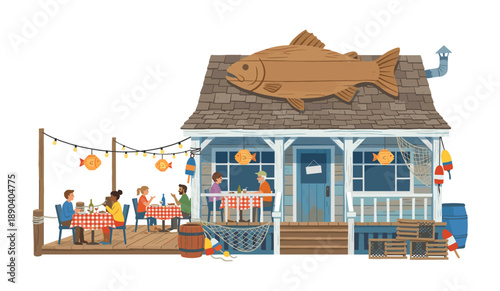 Friends and couples enjoying seafood restaurant dining outdoor