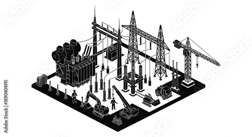 An isometric illustration depicts an industrial complex with power lines cranes and machinery in a striking silhouette high quality professional detailed