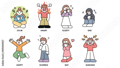 A colorful illustration of various human emotions and facial expressions