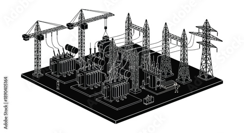 An isometric illustration depicts a complex electrical substation with numerous towers and equipment presented as a silhouette high quality professional detailed