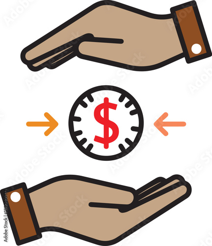 Hands exchanging money with dollar sign in the middle symbolizing transaction