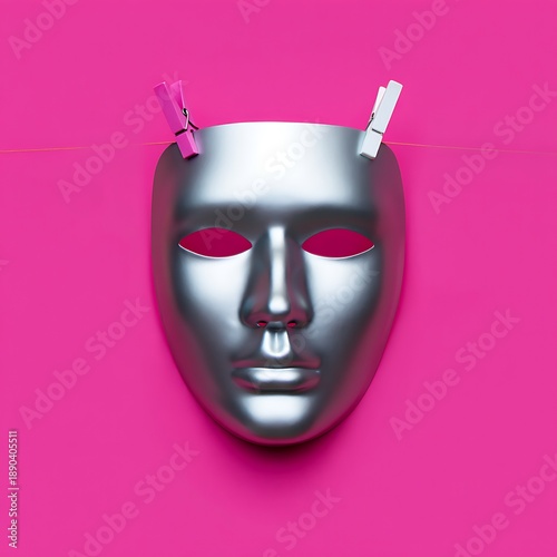 Silver metallic minimalist abstract face mask with blank expression and geometric eye cutouts isolated on bright background