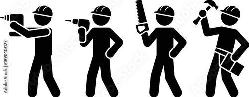 Set of professional construction worker stick figure icons performing various manual labor tasks including drilling, sawing, and hammering for building and renovation projects.
