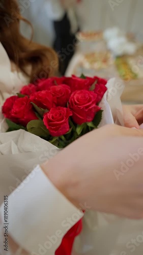 Wallpaper Mural Woman holding a bouquet of fresh red roses. Concept of a moment of celebration. Torontodigital.ca