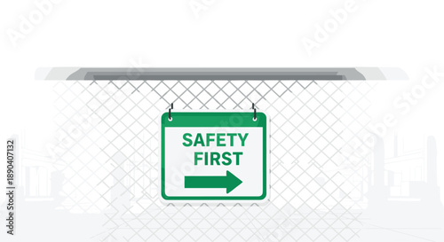 Green safety first sign hanging on a wire fence. Directional arrow for warehouse security and worker safety.