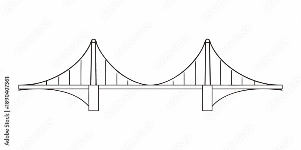 Fototapeta premium Simple line drawing of a suspension bridge with two towers