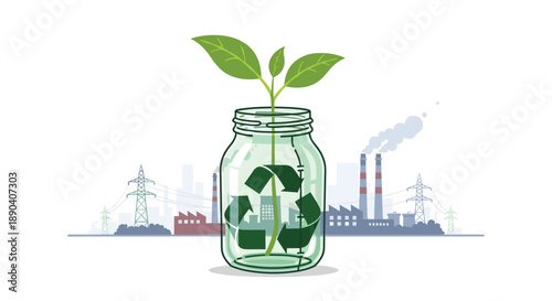 Green plant in a recycling glass jar with industrial city background. Ecology and sustainable energy concept.