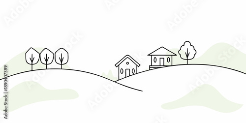 Simple line drawing of a rural landscape with houses and trees