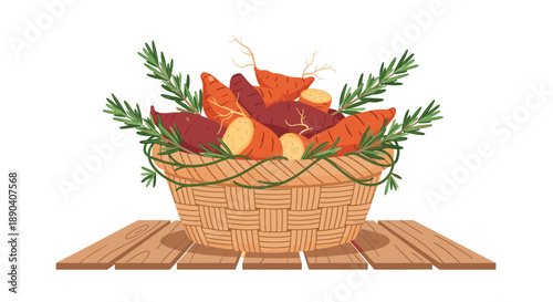 Basket of fresh sweet potatoes and rosemary on a wooden table. Harvest of organic vegetables in autumn.