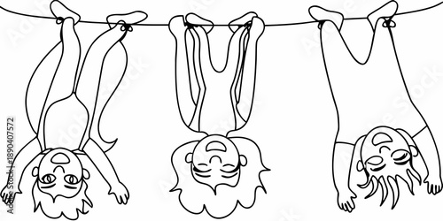 Line of cartoon figures hanging upside down simple black and white illustration