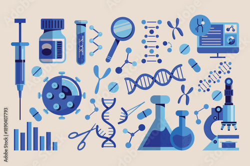 Medical and biotechnology laboratory icons set syringe, vaccine vial, test tube, DNA helix, microscope, molecules, pills, chromosomes, computer. Biotechnology research and healthcare science concept