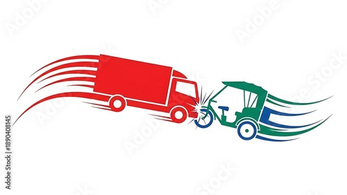 Speeding red truck and green golf cart in dynamic motion