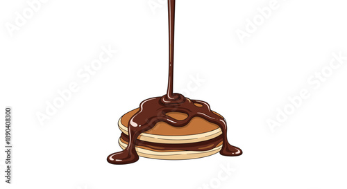 Decadent chocolate sauce drizzled over a stack of fluffy pancakes in a bright and appetizing food illustration.