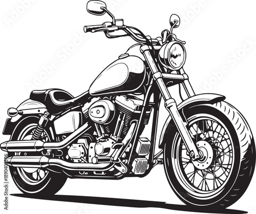 Classic cruiser motorcycle in black and white vector illustration for design projects