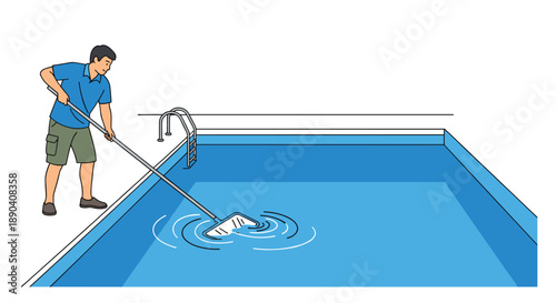 Service technician cleaning a swimming pool from the deck with a long pole net in a flat vector illustration.