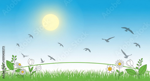 Birds flying over sunny meadow with flowers and green grass