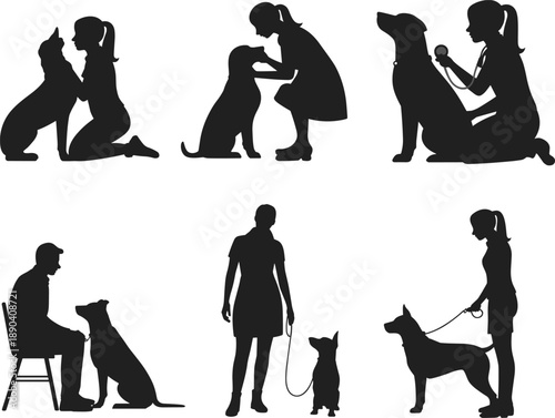 Set of Six Black Pet Care Silhouettes Featuring Female Veterinarian Examining Dog and Owners Training Pets for Animal Healthcare Clinic Branding and Domestic Companionship Graphics