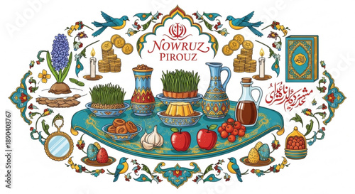 Nowruz pirouz festive table setting with traditional items and decorations