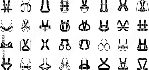 Set of Thirty Two Safety Harness and Climbing Gear Icon Silhouettes Featuring Fall Protection Equipment and Industrial Belts for Construction Work and Outdoor Sports Branding