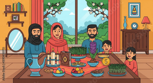 Family celebrating nowruz with traditional food and drinks